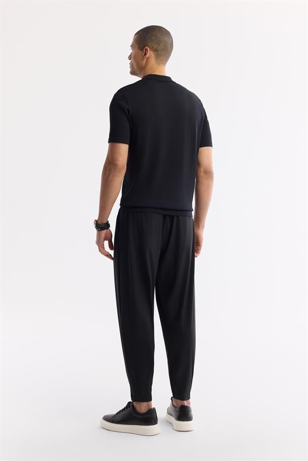 Siyah Fermuarlı Polo Yaka Dokulu Rayon Triko T-shirt