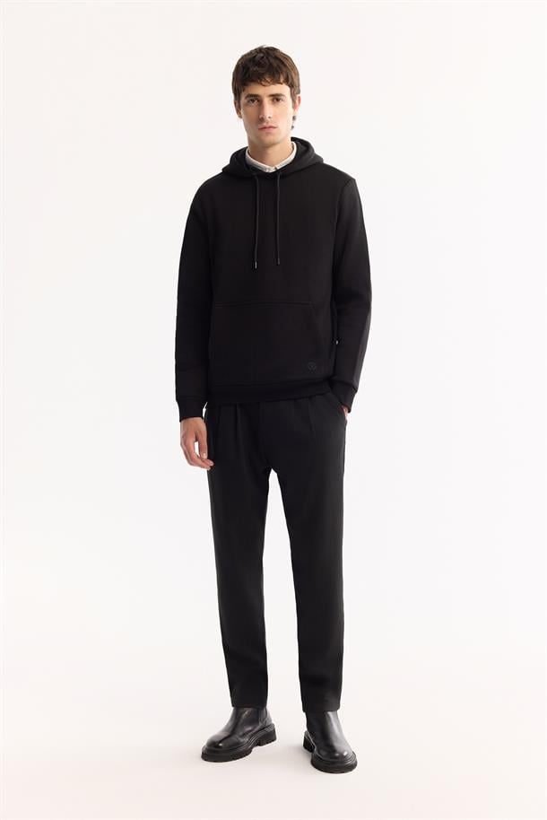 Siyah Kapüşonlu 3 İplik Şardonlu Pamuklu Sweatshirt