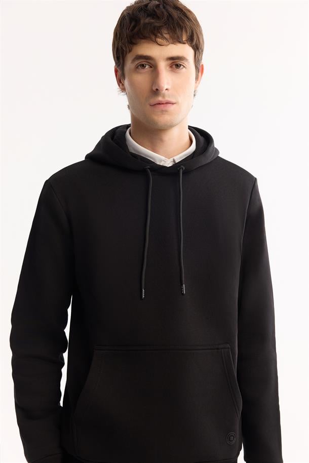 Siyah Kapüşonlu 3 İplik Şardonlu Pamuklu Sweatshirt