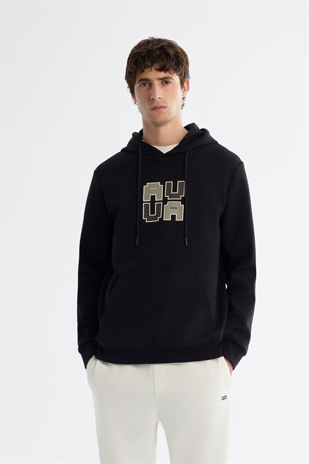 Siyah Kapüşonlu Yaka Pamuklu Baskılı Sweatshirt