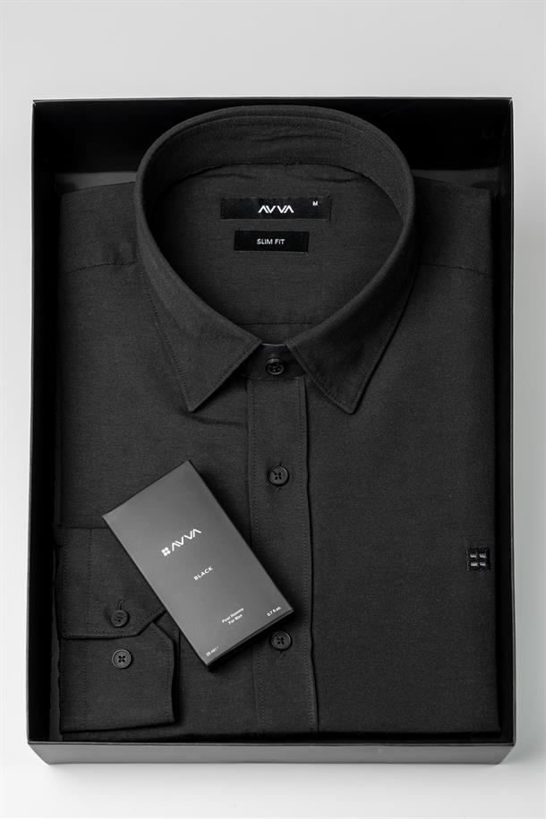 Siyah Klasik Yaka Kolay Ütülenebilir Slim Fit Özel Kutulu Gömlek/20 ML Black Parfüm
