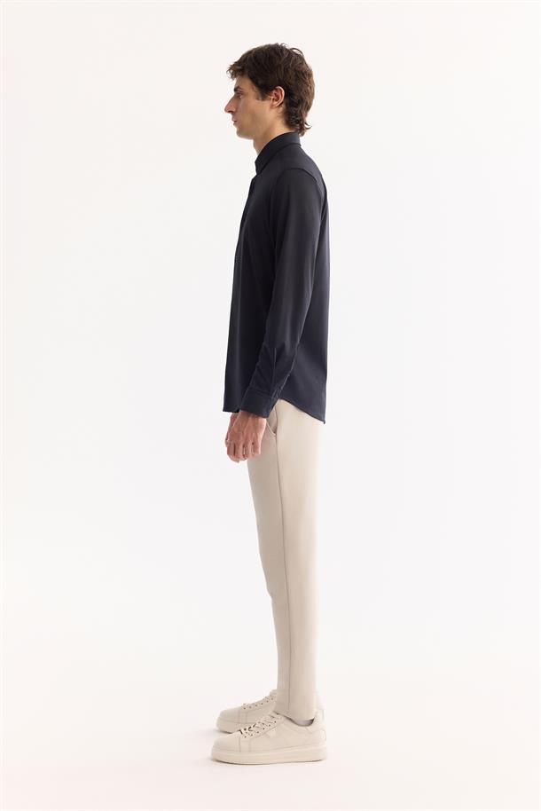 Siyah Klasik Yaka Örme Pike Slim Fit Uzun Kol Gömlek