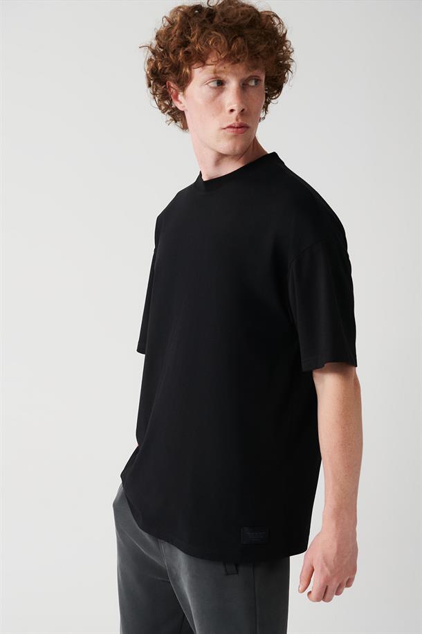 Siyah Oversize Bisiklet  Yaka T-shirt