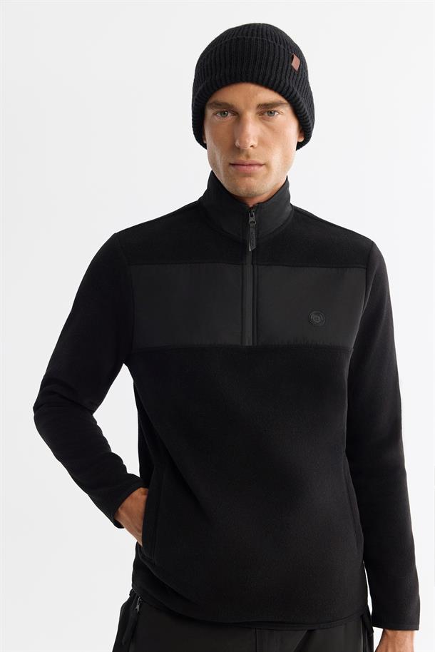 Siyah Paraşüt Garnili Yarım Fermuar Polar Sweatshirt