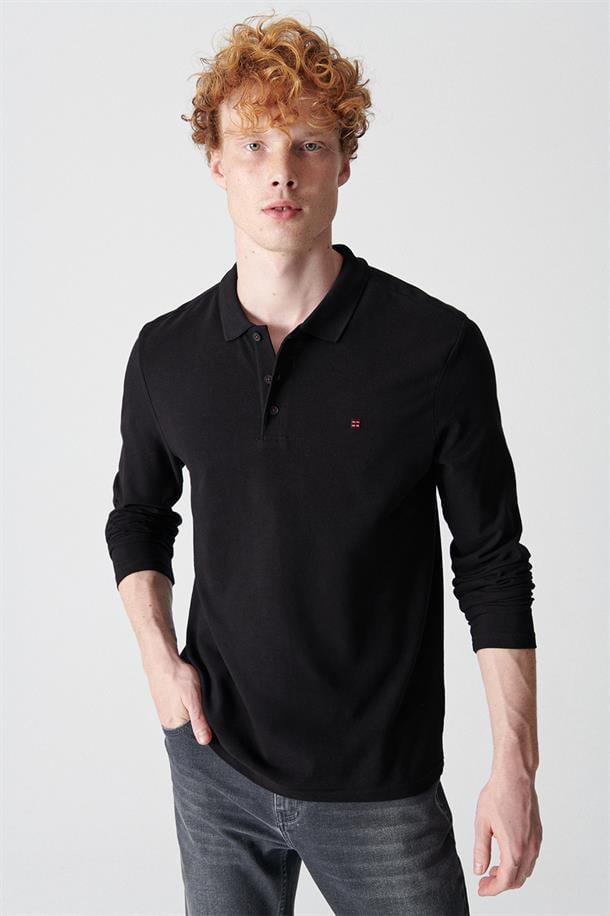 Siyah Polo Yaka %100 Pamuk Basic Regular Fit Standart Kesim Sweatshirt