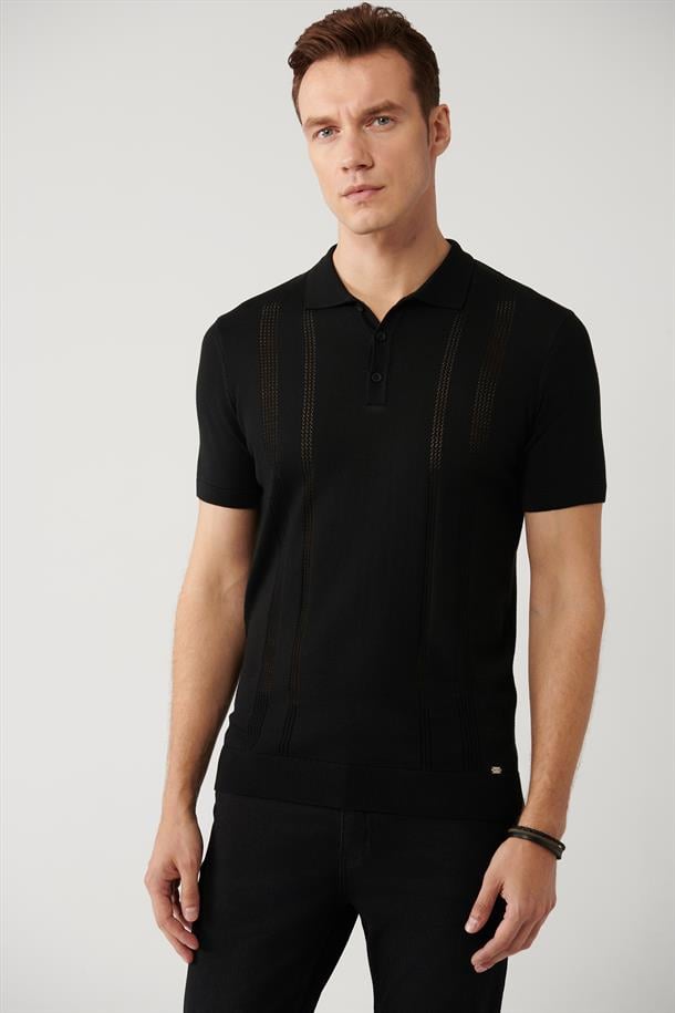 Siyah Polo Yaka Ajur Detaylı Triko T-shirt