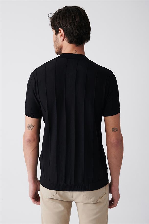 Siyah Polo Yaka Fermuarlı Fitil Örgü Detaylı Slim Fit Triko T-Shirt