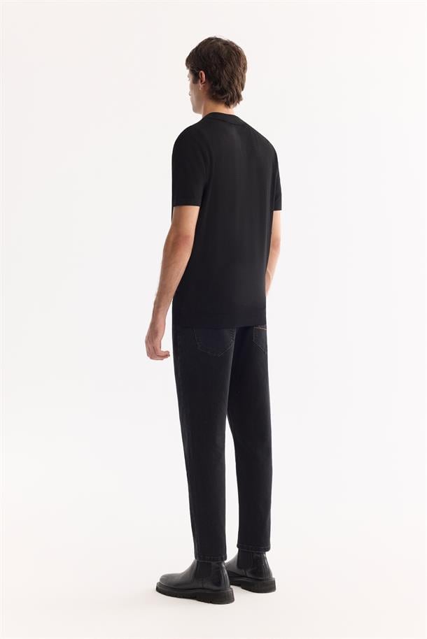 Siyah Polo Yaka Fermuarlı Jakar Detaylı Rayon Triko T-shirt
