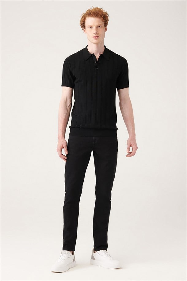 Siyah Polo Yaka Fitil Örgü Detaylı Triko T-shirt