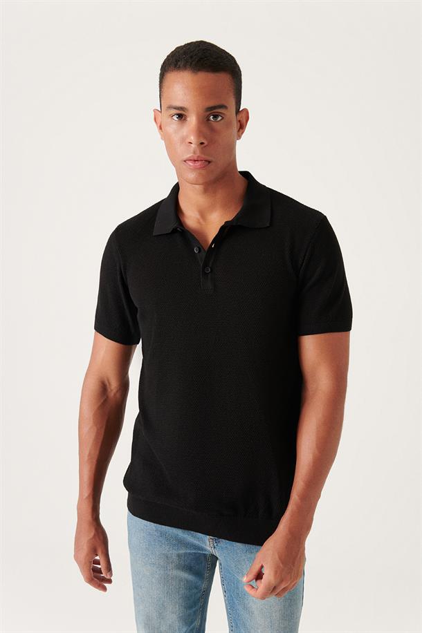 Siyah Polo Yaka Jakarlı Triko T-Shirt