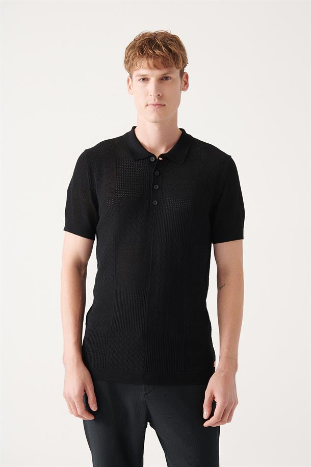 Siyah Polo Yaka Ön Bedeni Ajur Desenli Triko T-shirt