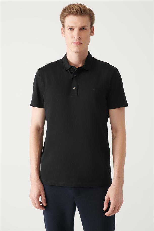 Siyah Polo Yaka Örme T-Shirt