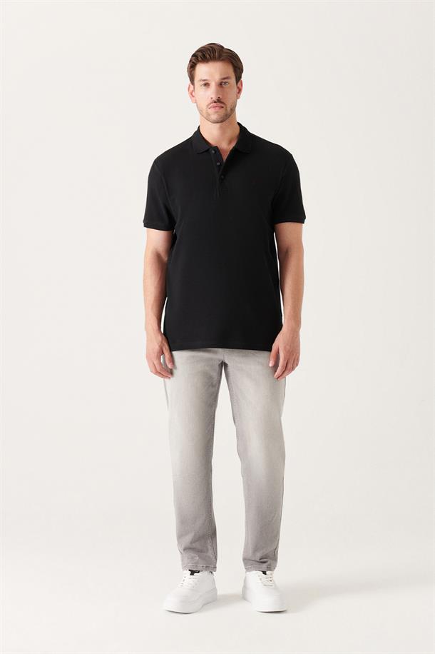 Siyah Polo Yaka Slim Fit %100 Pamuk Basic T-Shirt