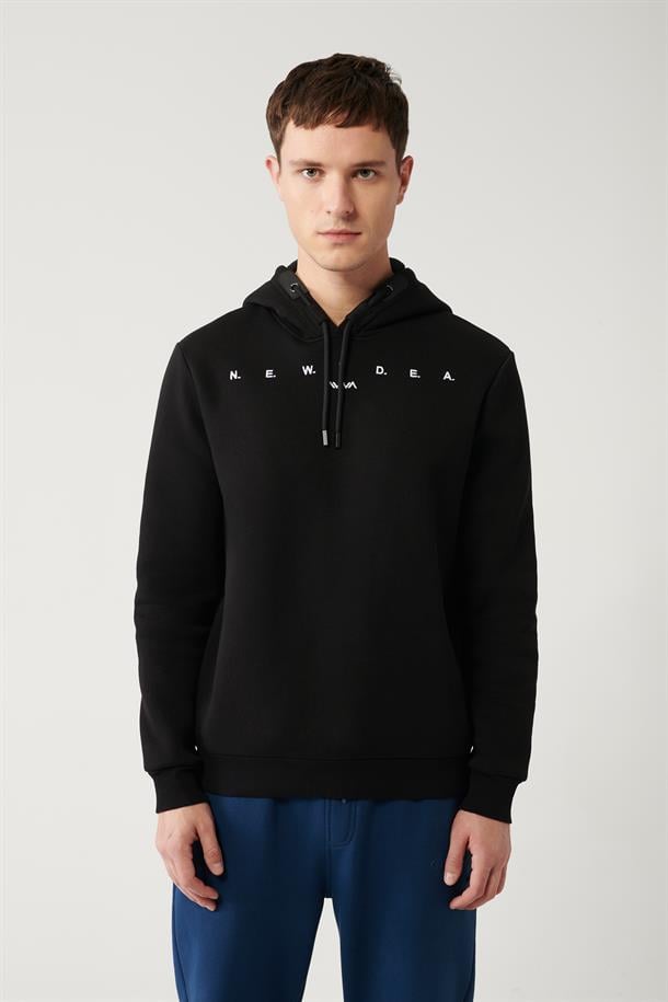 Siyah Şardonlu Kumaş Kapüşonlu Yaka Nakışlı Sweatshirt