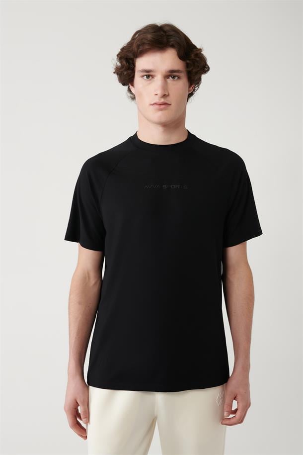 Siyah Soft Touch Göğüsü Baskı Detaylı Bisiklet Yaka Reglan Kol İnterlok T-shirt