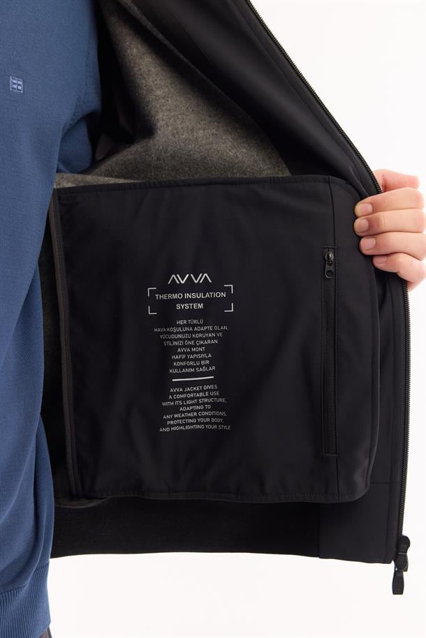 Siyah Softshell Ribana Detaylı İnce Mont