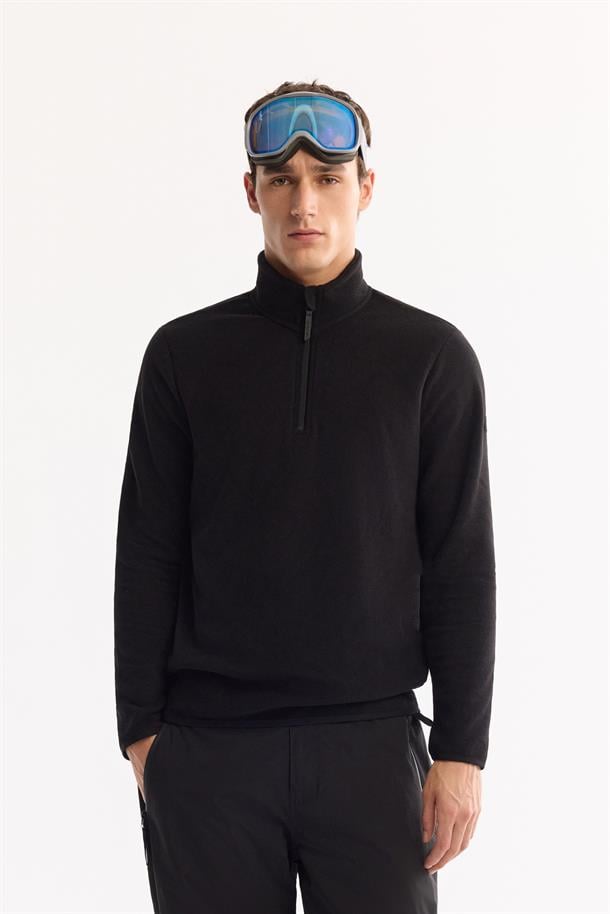 Siyah Soğuğa Dayanıklı Yarım Fermuarlı Dik Yaka Polar Sweatshirt
