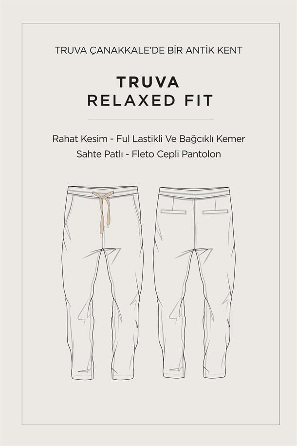 Siyah Truva Relaxed Fit Pantolon Yandan Cepli Beli Lastikli Tensel Kumaş