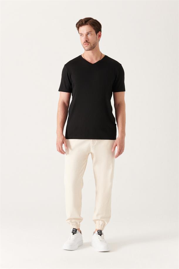Siyah Ultrasoft V Yaka Düz Regular Fit Modal T-Shirt