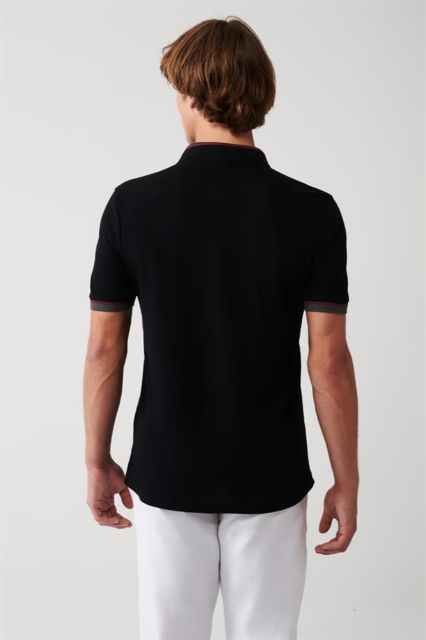 Siyah Yakası Çizgili %100 Pamuk Regular Fit 2 Düğmeli Polo Yaka T-Shirt