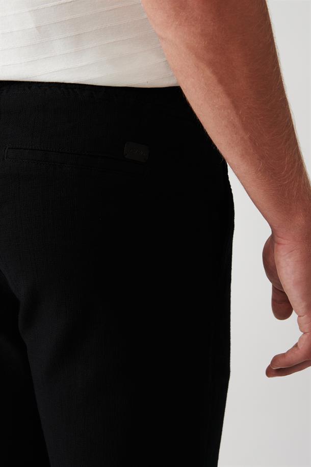 Siyah Yandan Cepli Beli Lastikli Keten Dokulu Relaxed Fit Rahat Kesim Pantolon