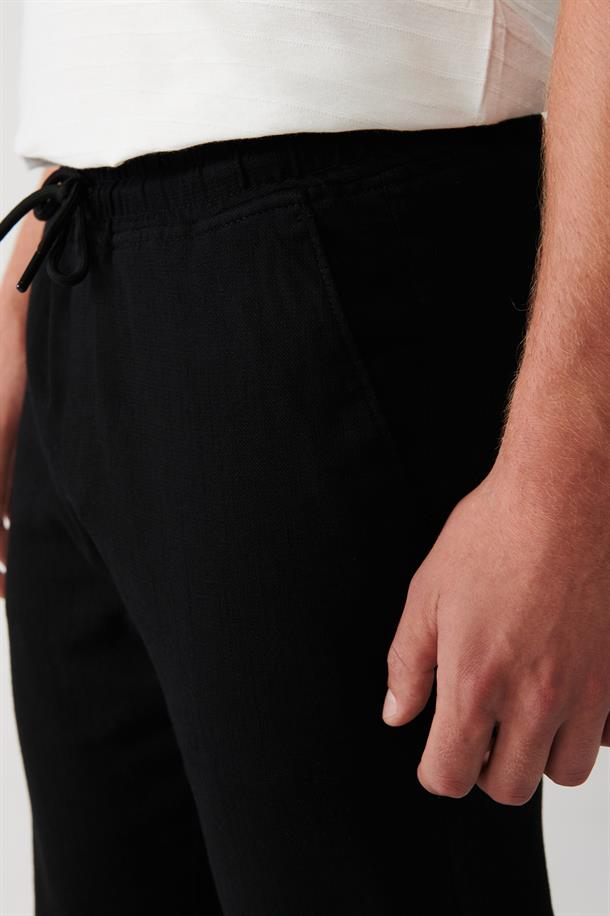 Siyah Yandan Cepli Beli Lastikli Keten Dokulu Relaxed Fit Rahat Kesim Pantolon