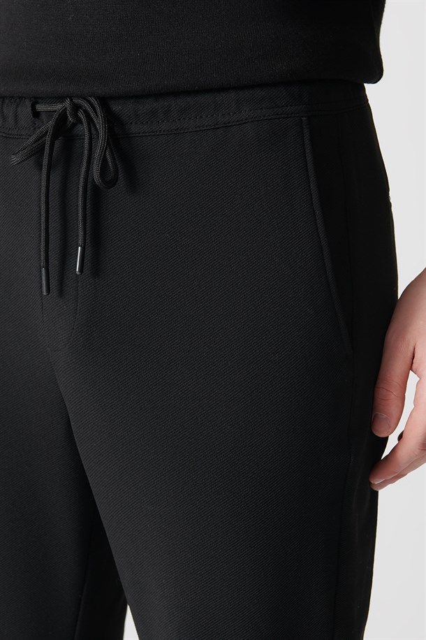 Siyah Yandan Cepli Beli Latikli Kordonlu Düz Relaxed Fit Pantolon