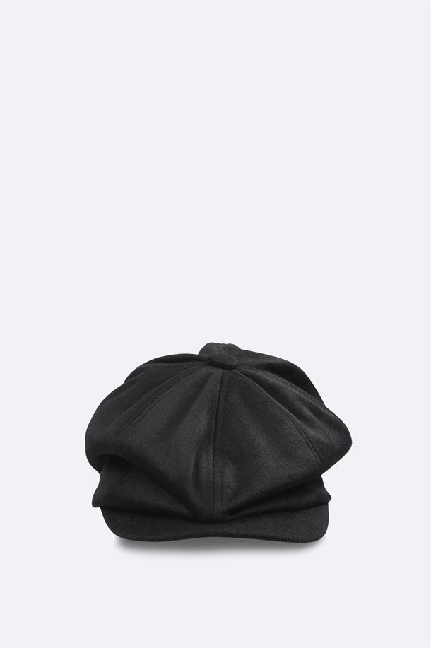 Black Wool Blend Flat Cap