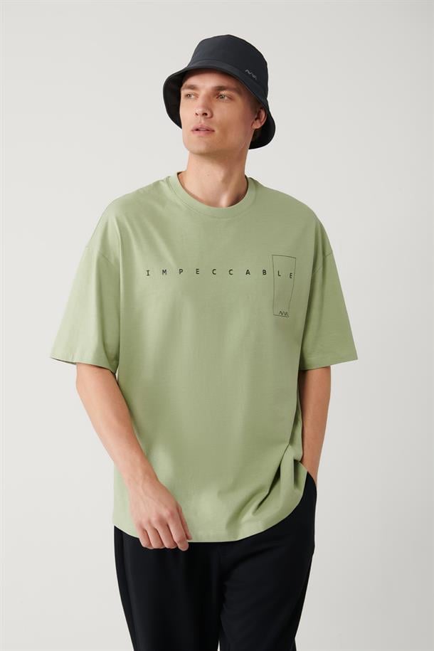 Su Yeşili Baskılı Bisiklet Yaka Oversize T-shirt