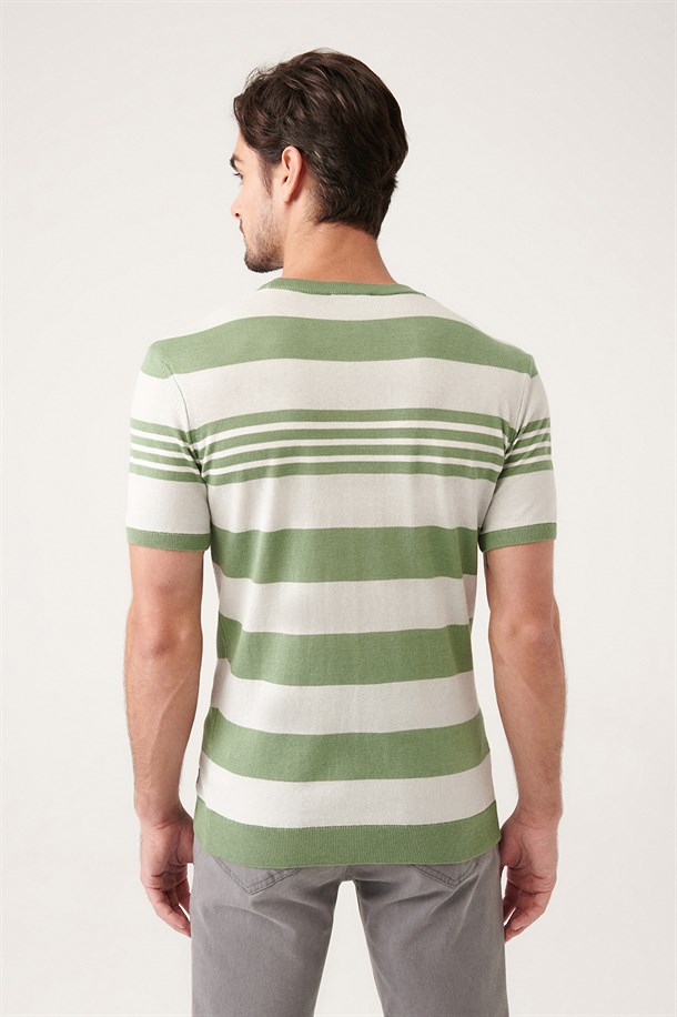 Su Yeşili Bisiklet Yaka Çizgili Triko T-shirt