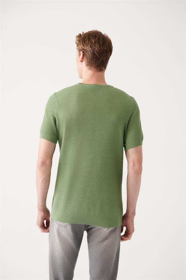 Su Yeşili Bisiklet Yaka Dokulu Basic Triko T-shirt