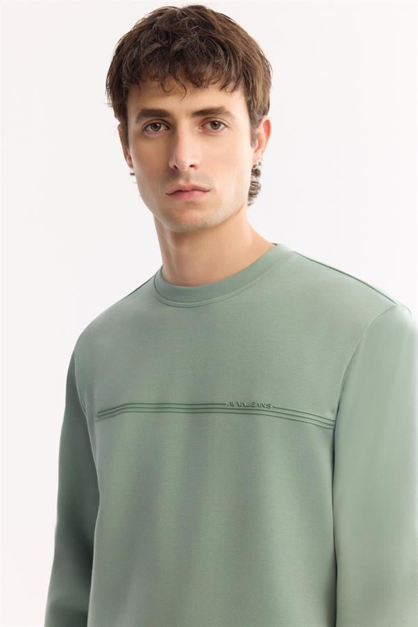Su Yeşili Bisiklet Yaka Enjeksiyon Baskılı İnterlok Sweatshirt