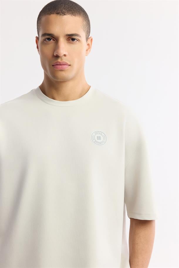Taş Bisiklet Yaka Oversize Aplike Baskı Detaylı 2'İplik T-Shirt