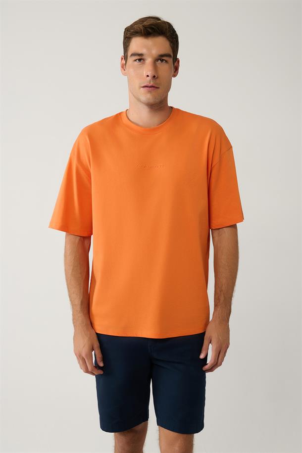 Turuncu Baskılı Bisiklet Yaka Pamuklu Oversize T-shirt