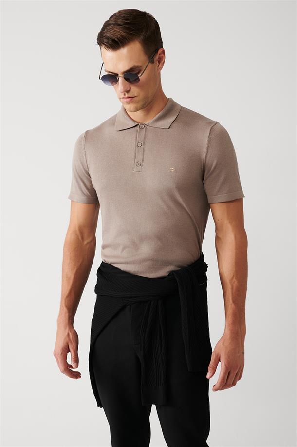 Vizon Pamuklu Polo Yaka Regular Fit Standart Kesim İnce Triko T-Shirt