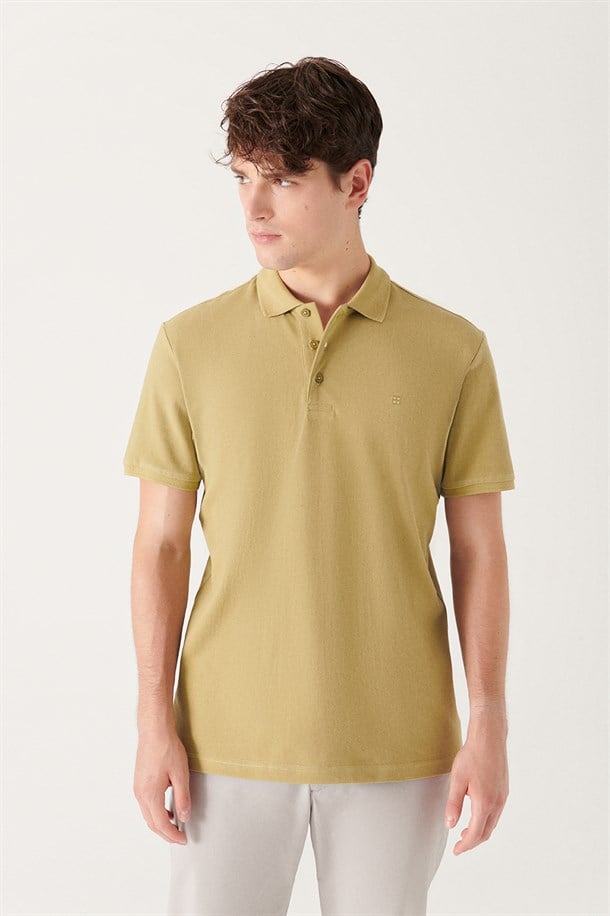 Yağ Yeşili Polo Yaka Düz T-Shirt