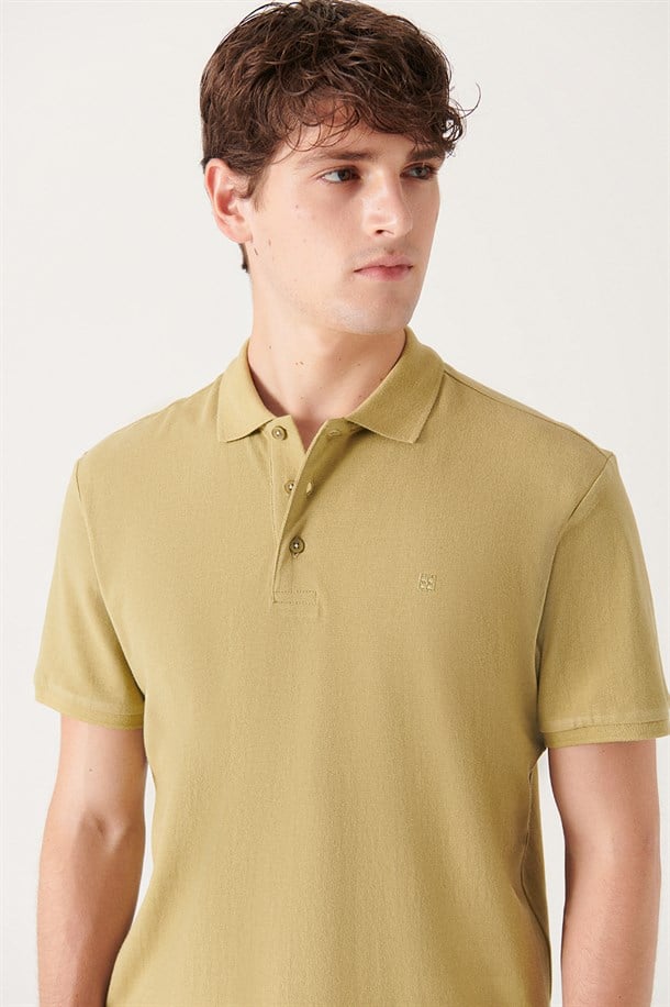 Yağ Yeşili Polo Yaka Düz T-Shirt