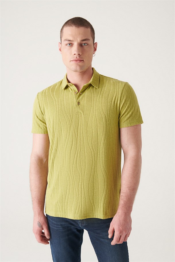 Yağ Yeşili Polo Yaka Jakarlı T-shirt