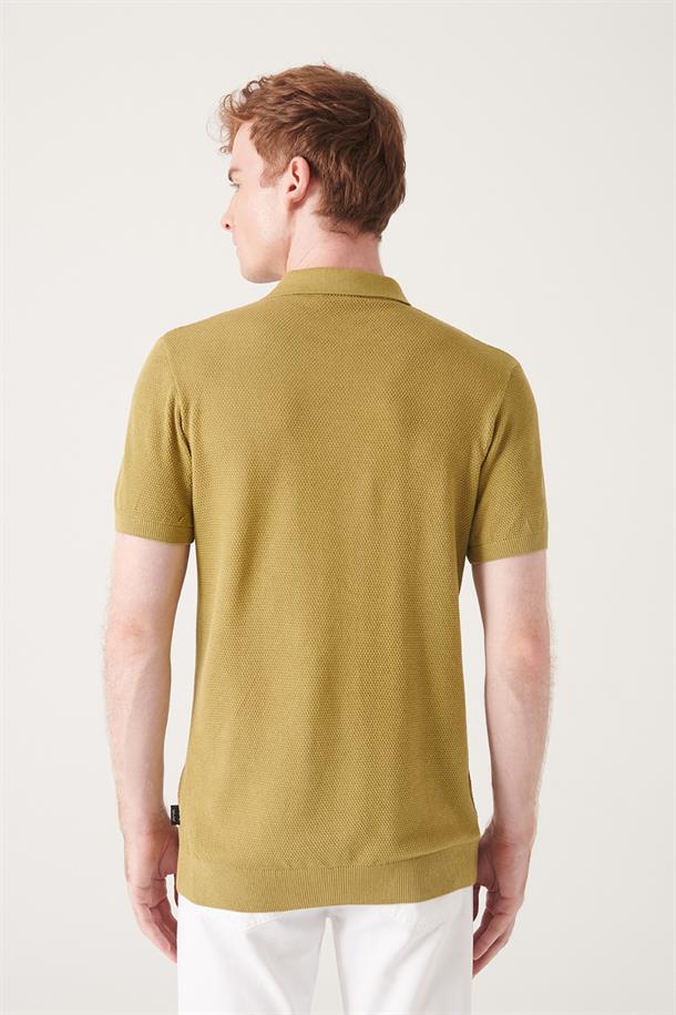 Yağ Yeşili Polo Yaka Jakarlı Triko T-Shirt