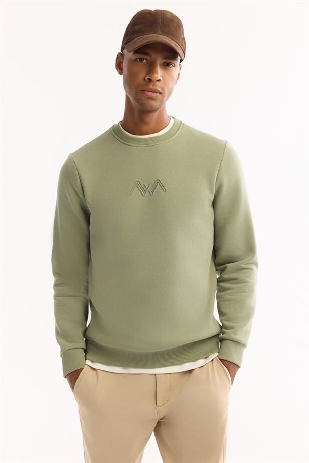 Yeşil Bisiklet Yaka İçi 3 İplik Şardonlu Sweatshirt
