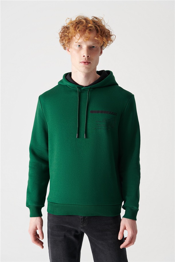 Yeşil Kapüşonlu Yaka Baskılı Sweatshirt