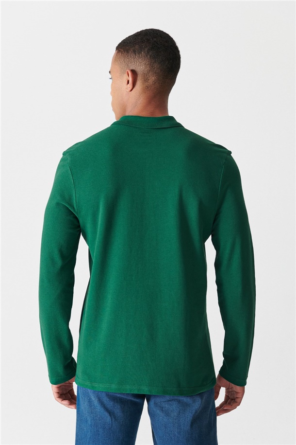 Yeşil Polo Yaka Düz Sweatshirt