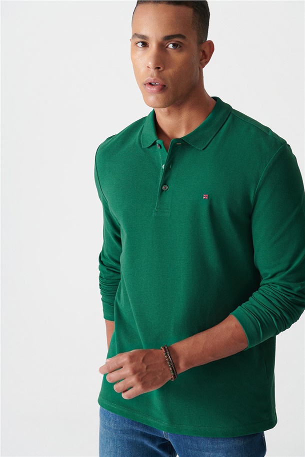 Yeşil Polo Yaka Düz Sweatshirt