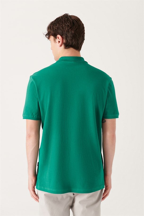 Yeşil Polo Yaka Slim Fit %100 Pamuk Basic T-Shirt