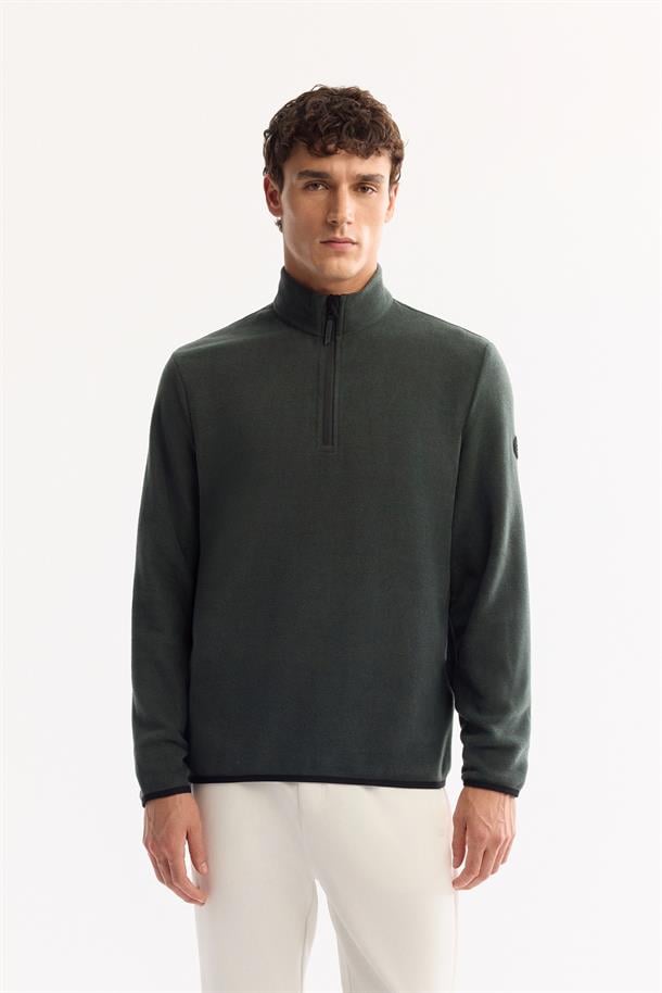 Yeşil Soğuğa Dayanıklı Yarım Fermuarlı Dik Yaka Polar Sweatshirt