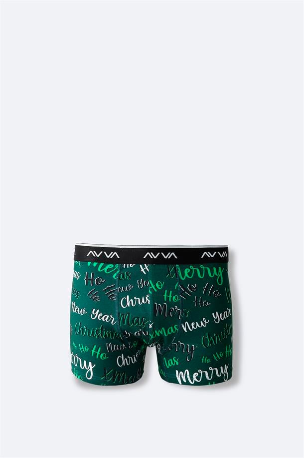 Yeşil Yılbaşı Desenli Tekli Kutu Boxer