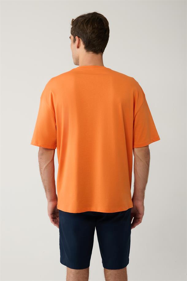 Turuncu Baskılı Bisiklet Yaka Pamuklu Oversize T-shirt