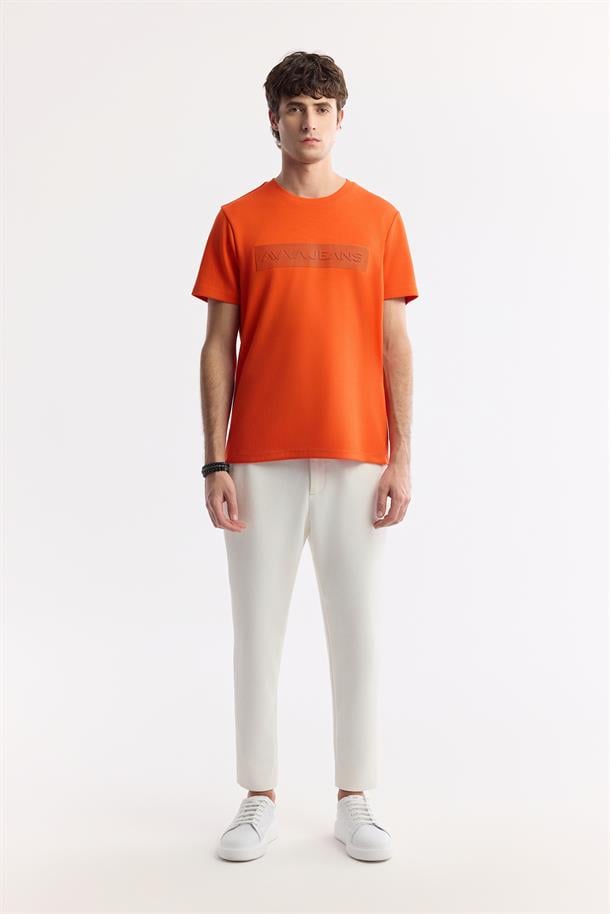 Turuncu Bisiklet Yaka Enjeksiyon Baskılı İnterlok T-Shirt