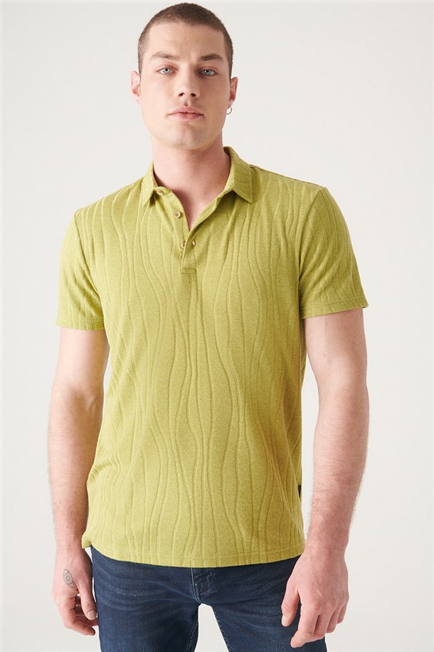 Yağ Yeşili Polo Yaka Jakarlı T-shirt