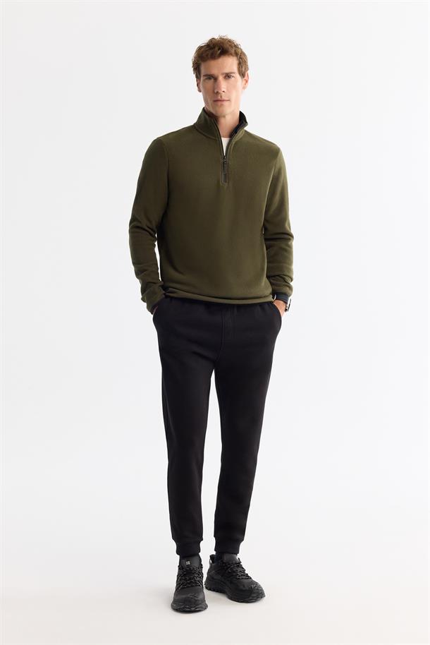 Yeşil Basic Yarım Fermuarlı Polar Sweatshirt